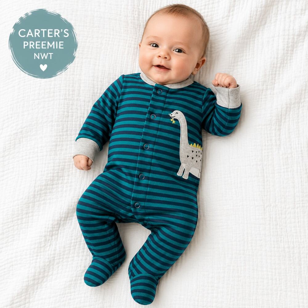 Carter's Preemie Dinosaur Footed Sleep & Play Cotton NWT Teal  Blue Stripe NICU